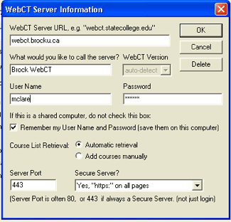 WebCT Server settings for Respondus at Brock