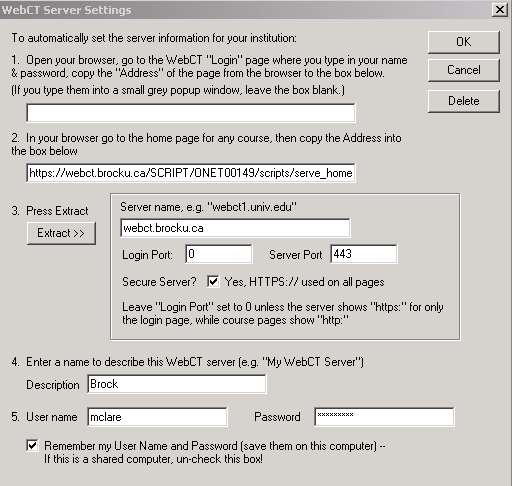 WebCT Server settings for Respondus at Brock