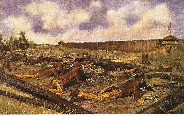A depiction of Fort Detroit in colour. Remington, Frederic. The Siege of Fort Detroit. 1861-1909. Wikipedia, https://en.wikipedia.org/wiki/Fort_Detroit. Accessed 14 June 2020.