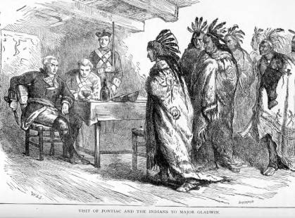 A depiction of a meeting between the Europeans and the Indigenous people. Visit of Pontiac and the Indians to Major Gladwin. Ohio History Central, https://ohiohistorycentral.org/w/Pontiac%27s_Rebellion. Accessed 14 June 2020.